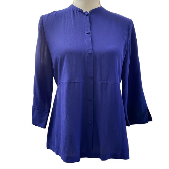EILEEN FISHER Blue 100% Silk Button Down 3/4 Sleeve Top Size XSmall - Picture 2 of 7